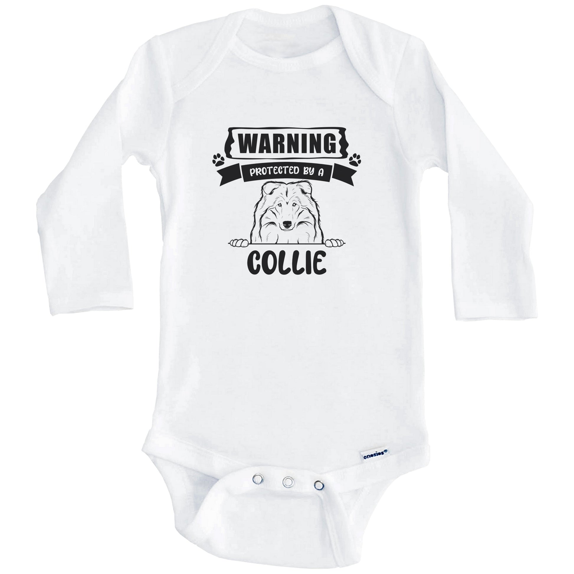 Warning Protected By A Collie Funny Cute Dog Breed Baby Bodysuit (Long Sleeves)