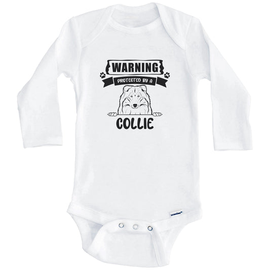 Warning Protected By A Collie Funny Cute Dog Breed Baby Bodysuit (Long Sleeves)