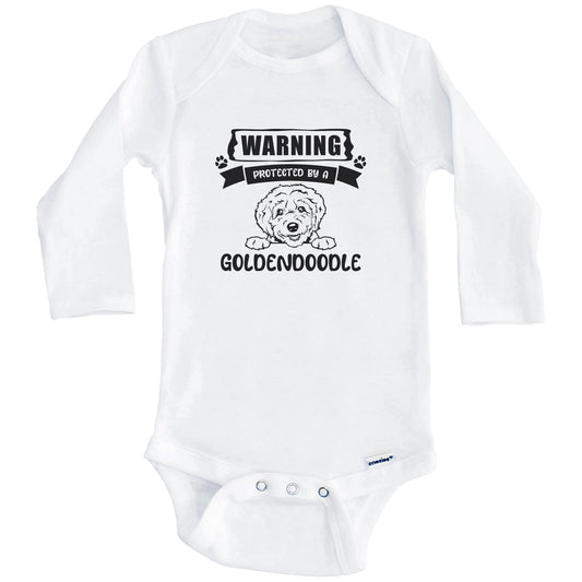 Warning Protected By A Goldendoodle Funny Cute Dog Breed Baby Bodysuit (Long Sleeves)