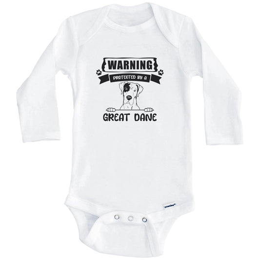 Warning Protected By A Great Dane Funny Cute Dog Breed Baby Bodysuit (Long Sleeves)