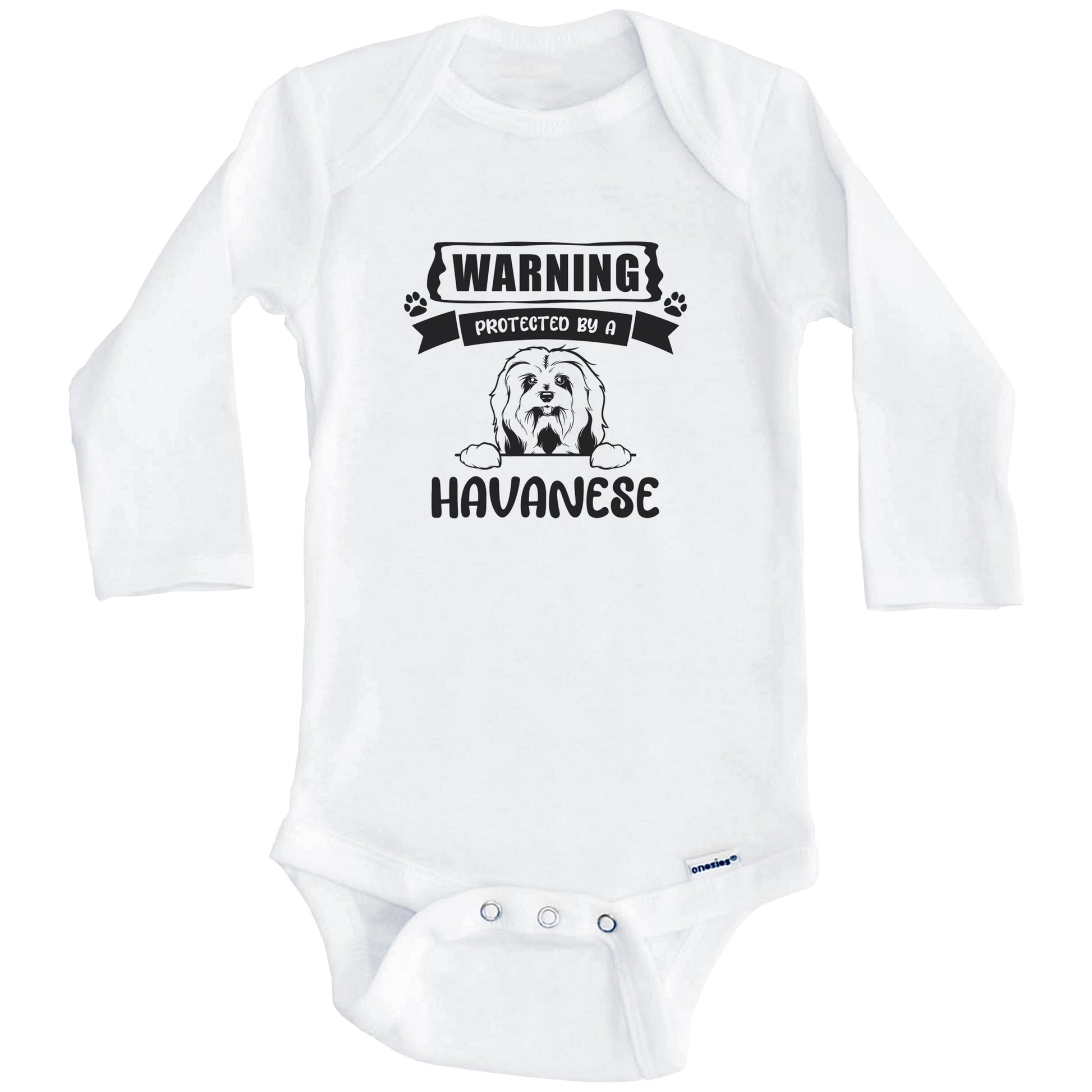 Warning Protected By A Havanese Funny Cute Dog Breed Baby Bodysuit (Long Sleeves)