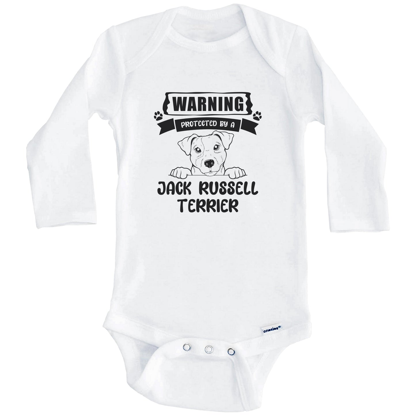 Warning Protected By A Jack Russell Terrier Funny Cute Dog Breed Baby Bodysuit (Long Sleeves)