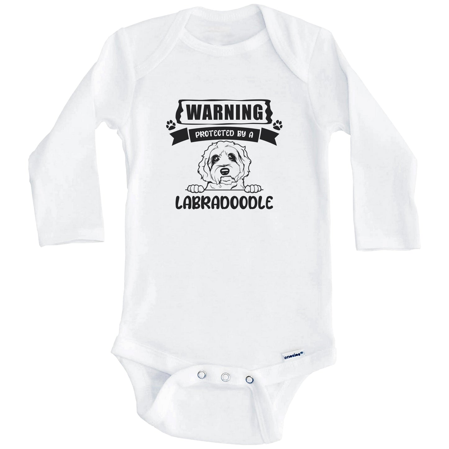 Warning Protected By A Labradoodle Funny Cute Dog Breed Baby Bodysuit (Long Sleeves)