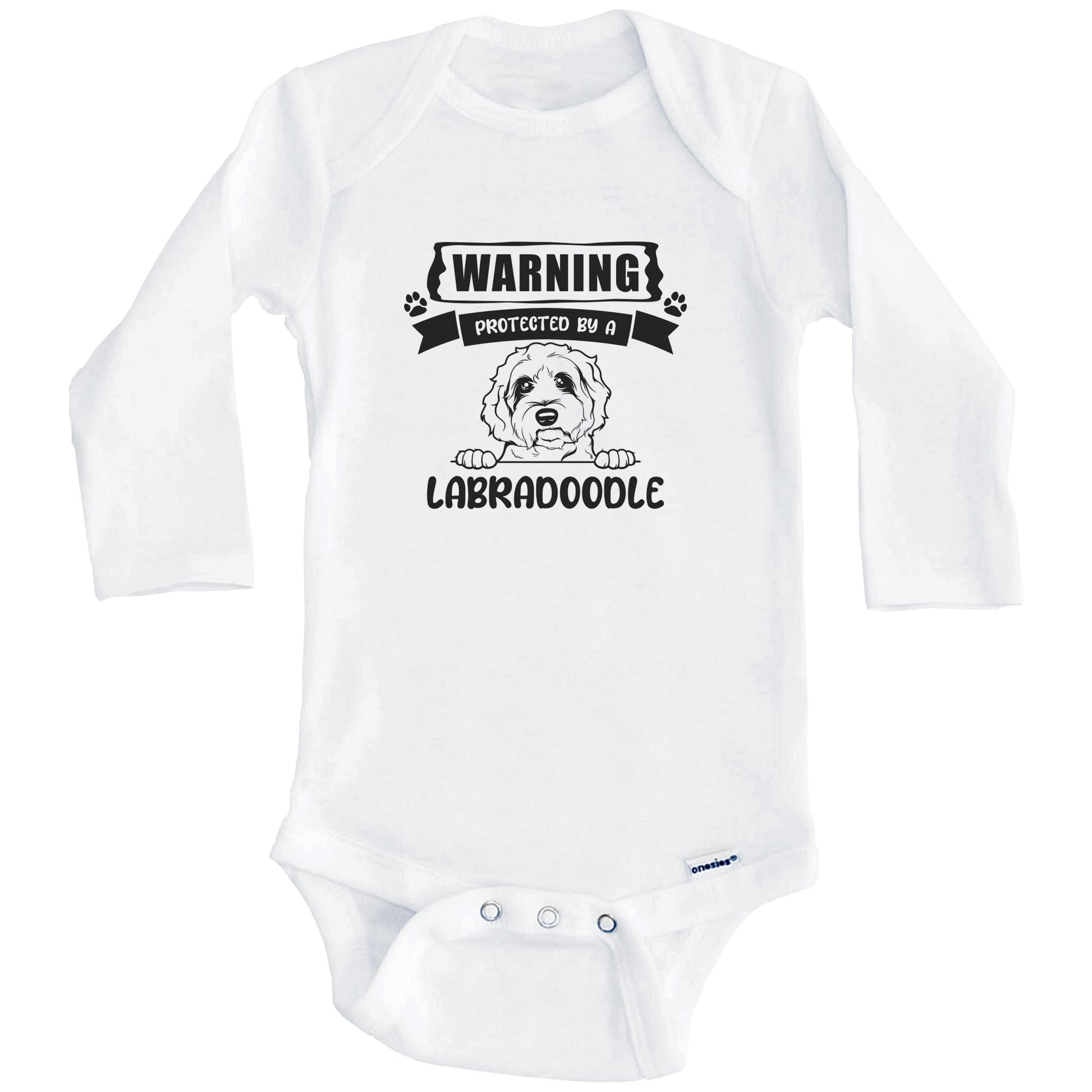 Warning Protected By A Labradoodle Funny Cute Dog Breed Baby Bodysuit (Long Sleeves)