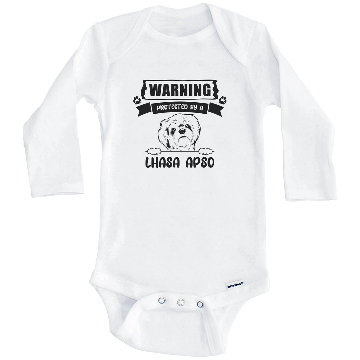 Warning Protected By A Lhasa Apso Funny Cute Dog Breed Baby Bodysuit (Long Sleeves)