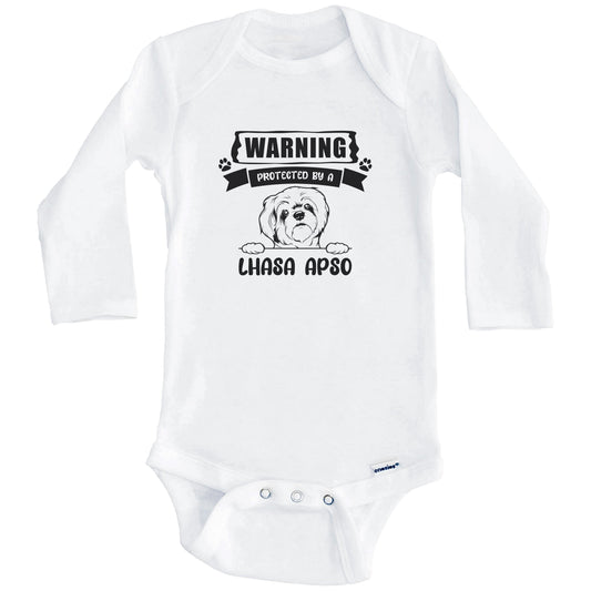 Warning Protected By A Lhasa Apso Funny Cute Dog Breed Baby Bodysuit (Long Sleeves)