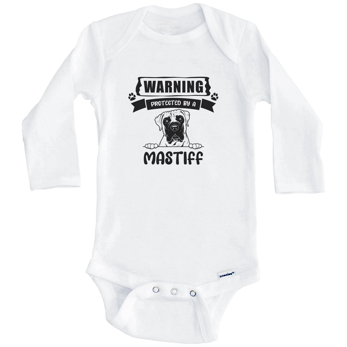 Warning Protected By A Mastiff Funny Cute Dog Breed Baby Bodysuit (Long Sleeves)