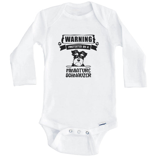 Warning Protected By A Miniature Schnauzer Funny Cute Dog Breed Baby Bodysuit (Long Sleeves)