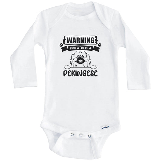 Warning Protected By A Pekingese Funny Cute Dog Breed Baby Bodysuit (Long Sleeves)