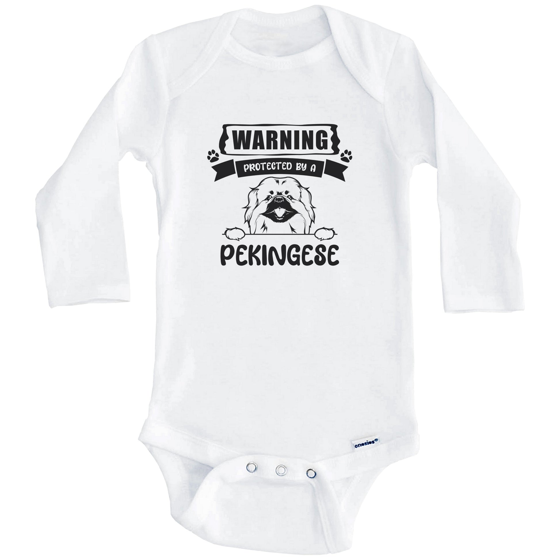 Warning Protected By A Pekingese Funny Cute Dog Breed Baby Bodysuit (Long Sleeves)