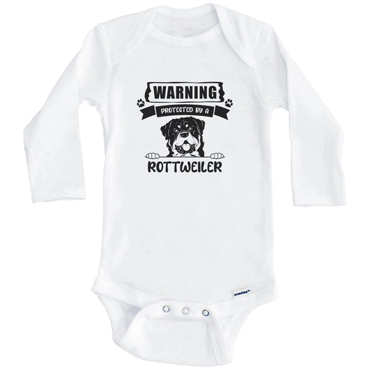Warning Protected By A Rottweiler Funny Cute Dog Breed Baby Bodysuit (Long Sleeves)