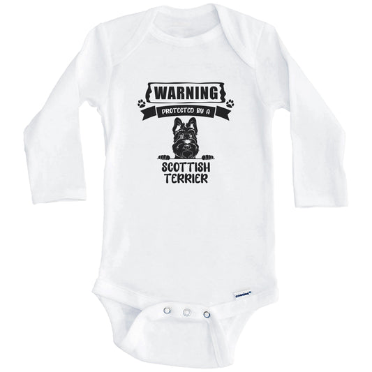 Warning Protected By A Scottish Terrier Funny Cute Dog Breed Baby Bodysuit (Long Sleeves)