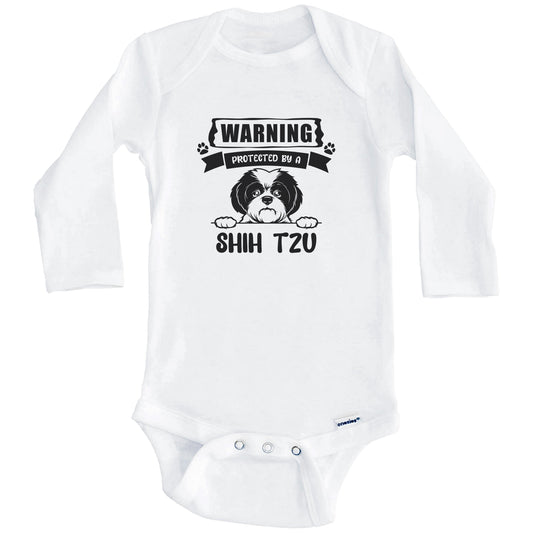 Warning Protected By A Shih Tzu Funny Cute Dog Breed Baby Bodysuit (Long Sleeves)