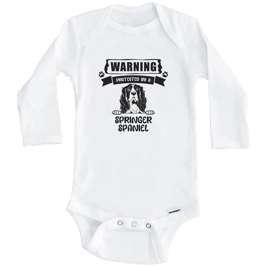 Warning Protected By A Springer Spaniel Funny Cute Dog Breed Baby Bodysuit (Long Sleeves)