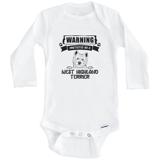 Warning Protected By A West Highland Terrier Funny Cute Dog Breed Baby Bodysuit (Long Sleeves)