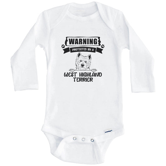 Warning Protected By A West Highland Terrier Funny Cute Dog Breed Baby Bodysuit (Long Sleeves)