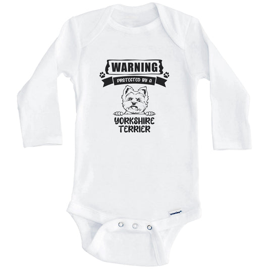 Warning Protected By A Yorkshire Terrier Funny Cute Dog Breed Baby Bodysuit (Long Sleeves)