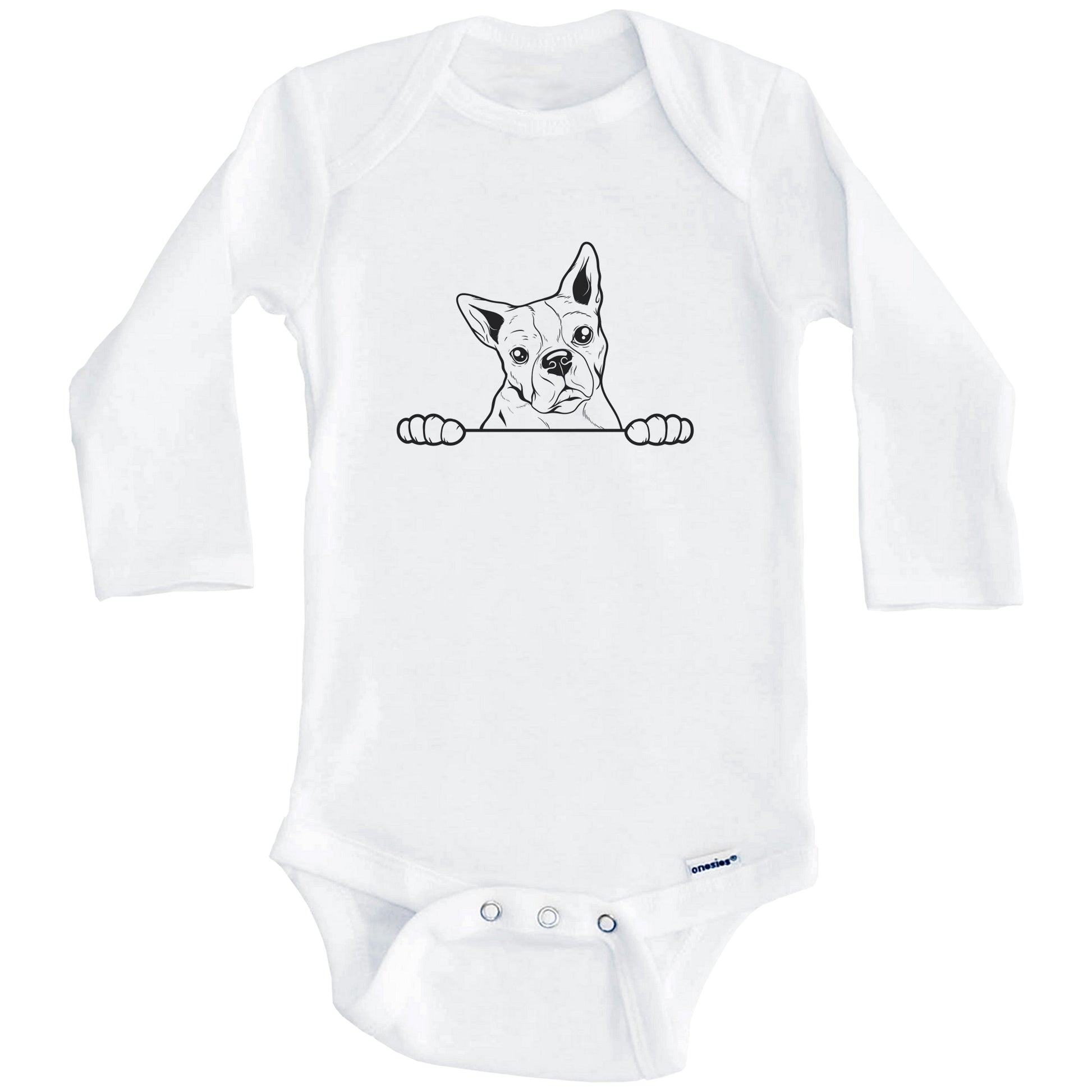 Boston Terrier Dog Breed Drawing Cute One Piece Baby Bodysuit (Long Sleeves)