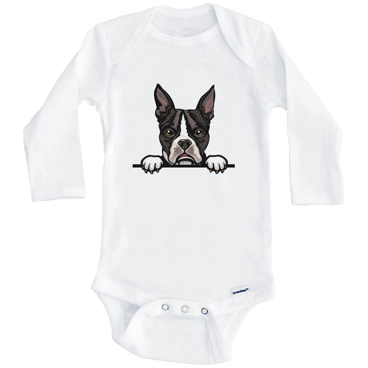 Boston Terrier Dog Breed Cute One Piece Baby Bodysuit v2 (Long Sleeves)