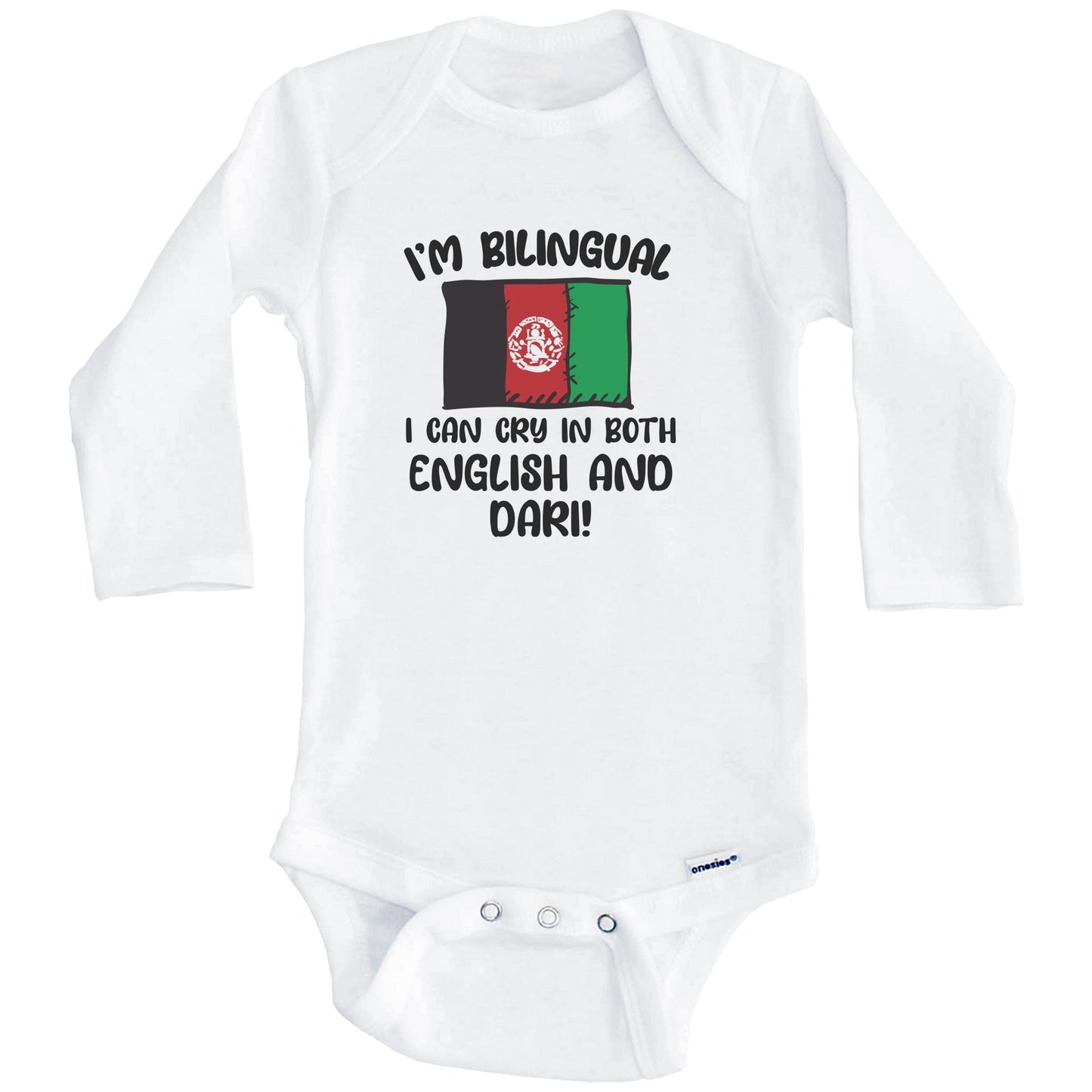 I'm Bilingual I Can Cry In Both English And Dari Funny Afghan Flag Baby Bodysuit (Long Sleeves)