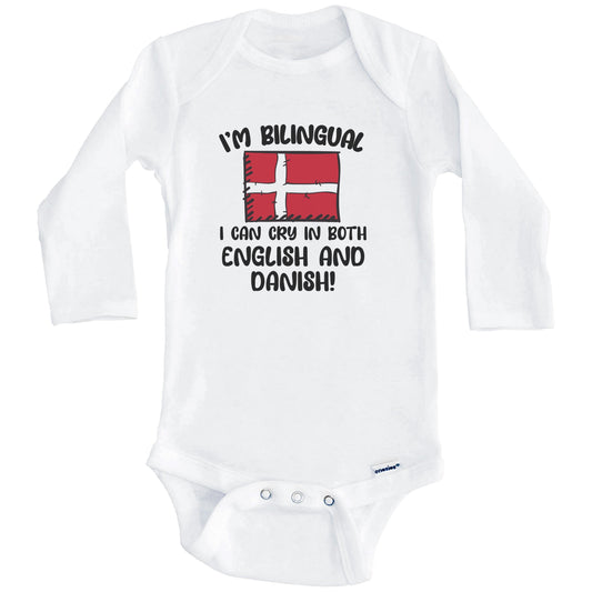 I'm Bilingual I Can Cry In Both English And Danish Funny Danish Flag Baby Bodysuit (Long Sleeves)