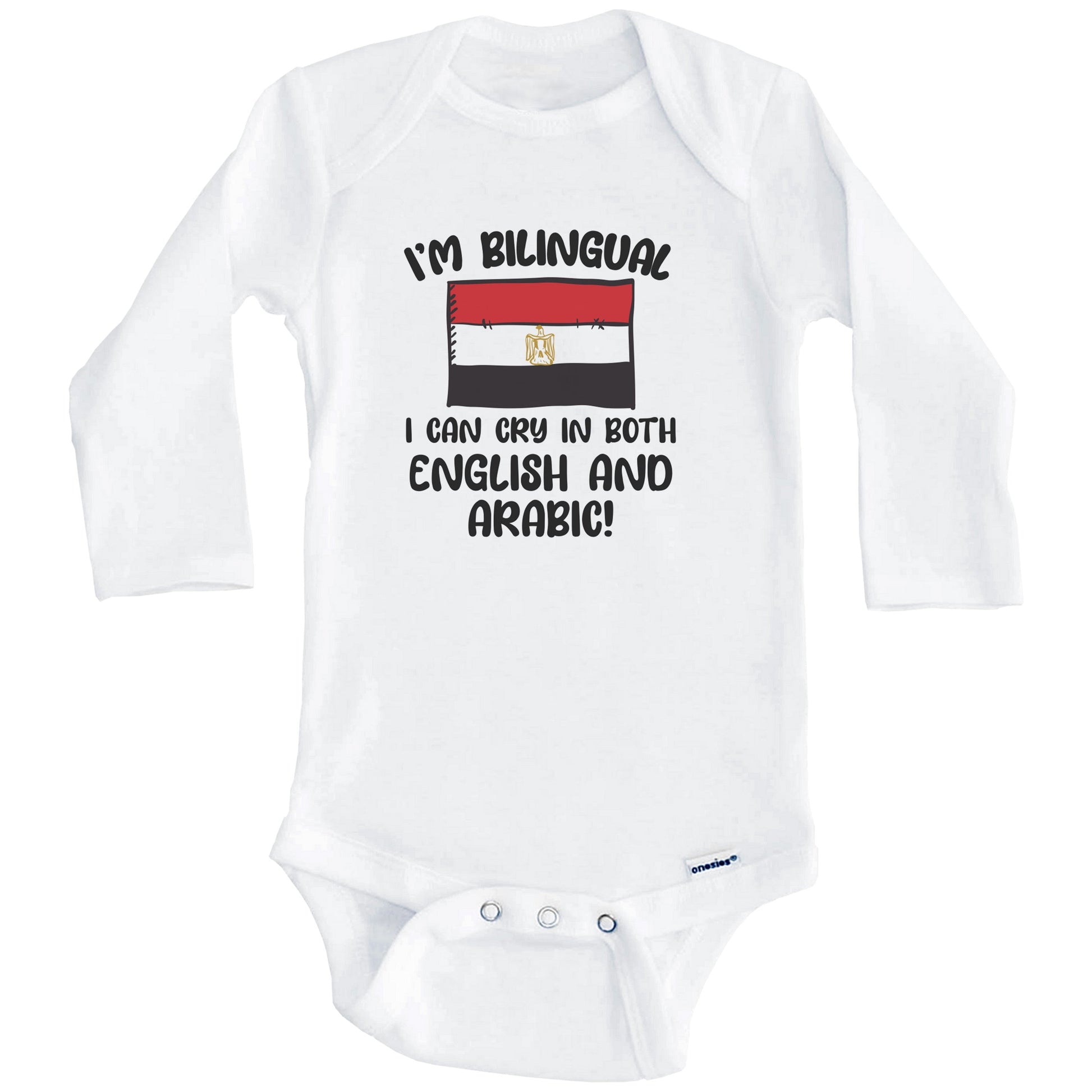 I'm Bilingual I Can Cry In Both English And Arabic Funny Egyptian Flag Baby Bodysuit (Long Sleeves)