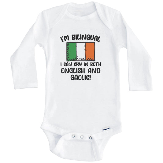 I'm Bilingual I Can Cry In Both English And Gaelic Funny Irish Flag Baby Bodysuit (Long Sleeves)