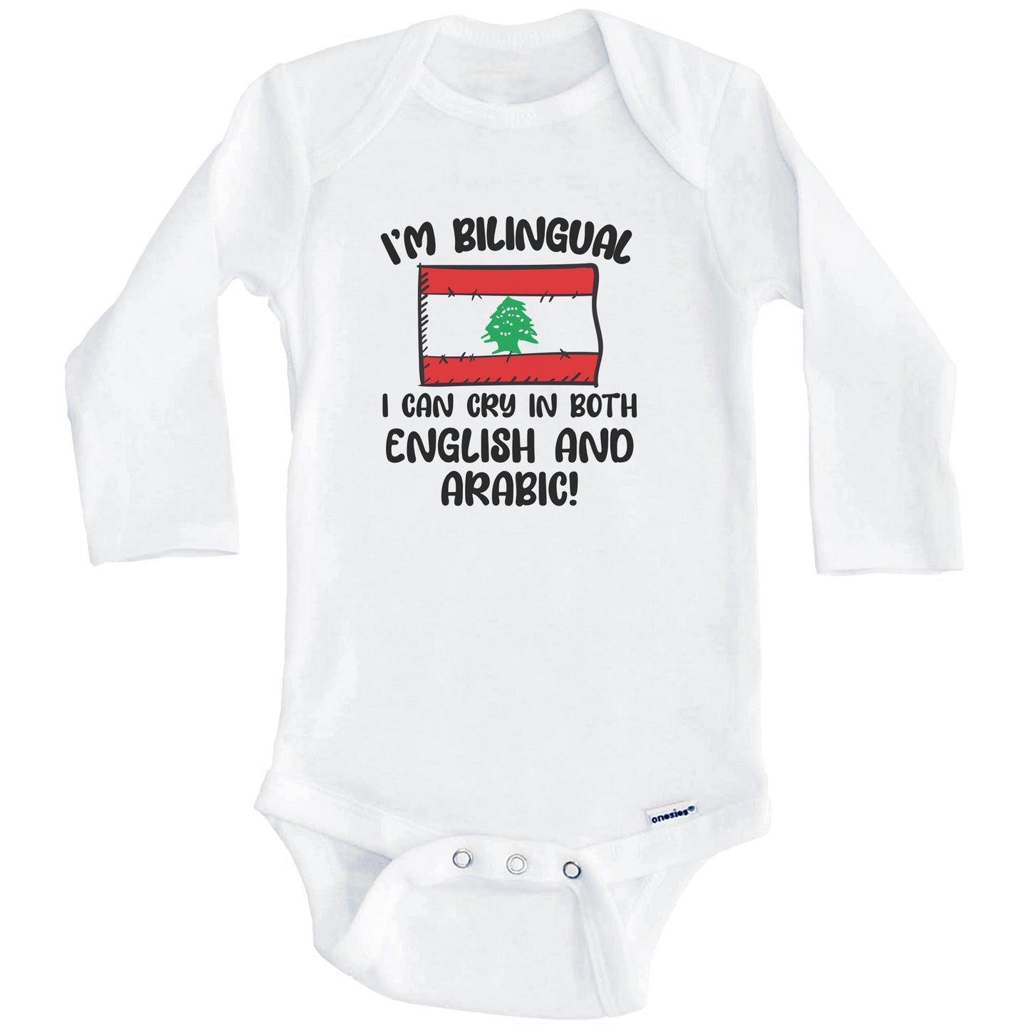 I'm Bilingual I Can Cry In Both English And Arabic Funny Lebanese Flag Baby Bodysuit (Long Sleeves)