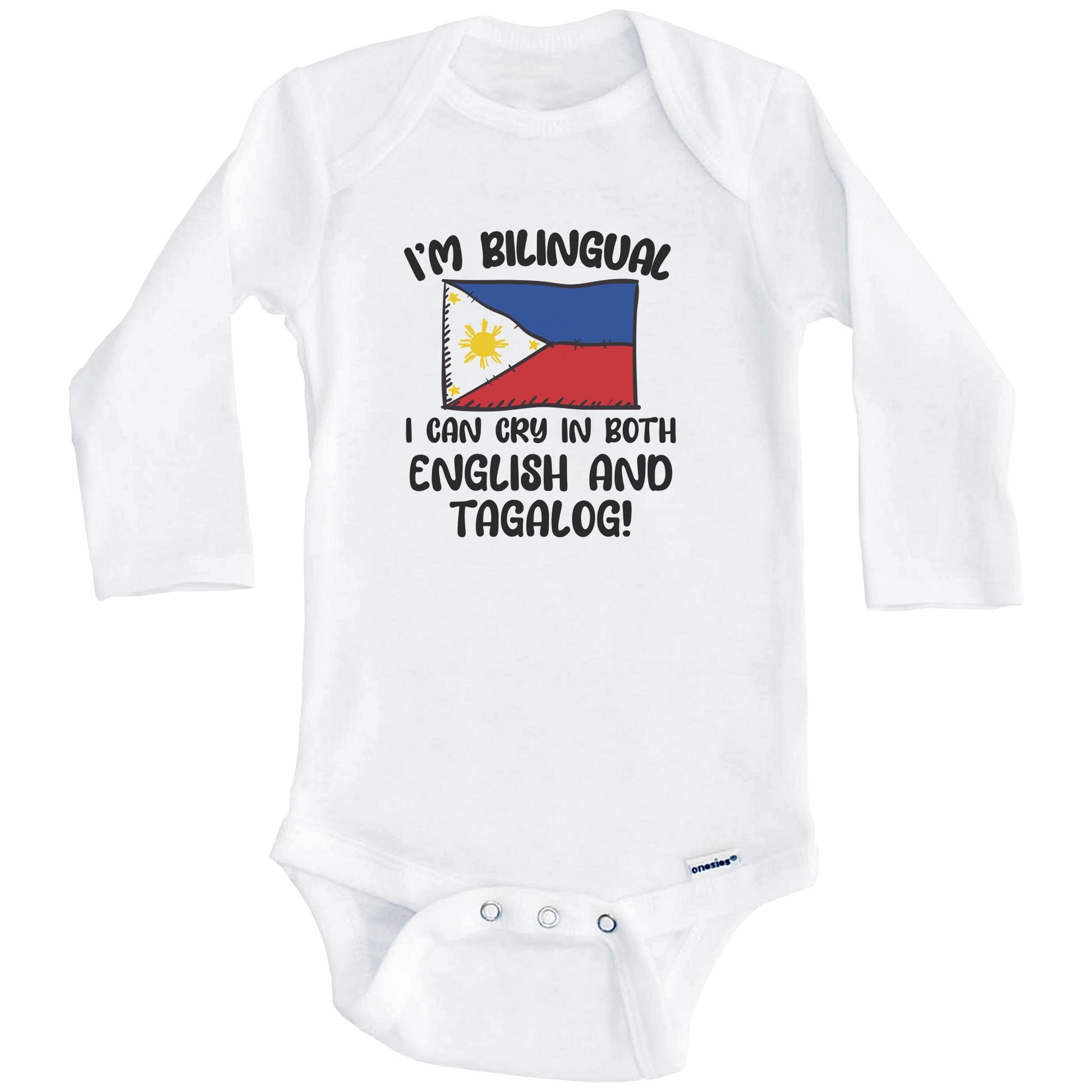 I'm Bilingual I Can Cry In Both English And Tagalog Funny Filipino Flag Baby Bodysuit (Long Sleeves)