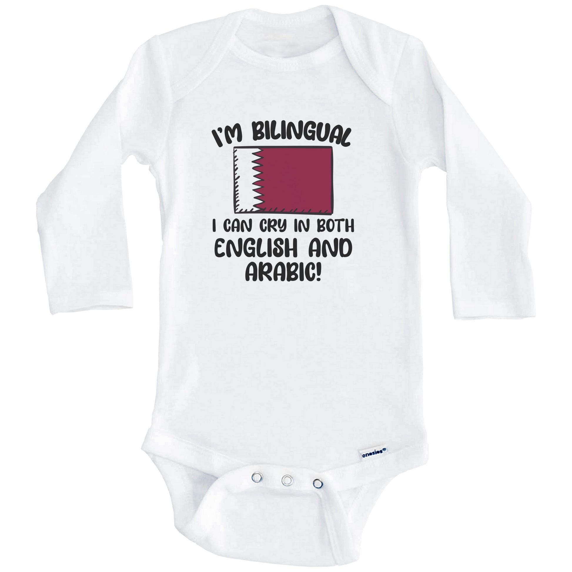 I'm Bilingual I Can Cry In Both English And Arabic Funny Qatari Flag Baby Bodysuit (Long Sleeves)