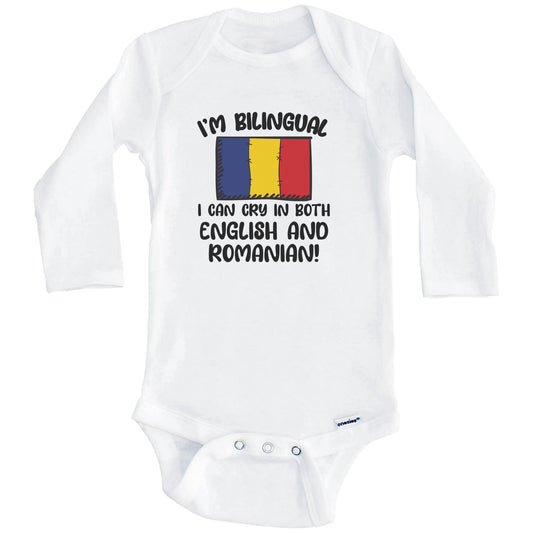 I'm Bilingual I Can Cry In Both English And Romanian Funny Romanian Flag Baby Bodysuit (Long Sleeves)