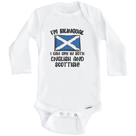 I'm Bilingual I Can Cry In Both English And Scottish Funny Scottish Flag Baby Bodysuit (Long Sleeves)