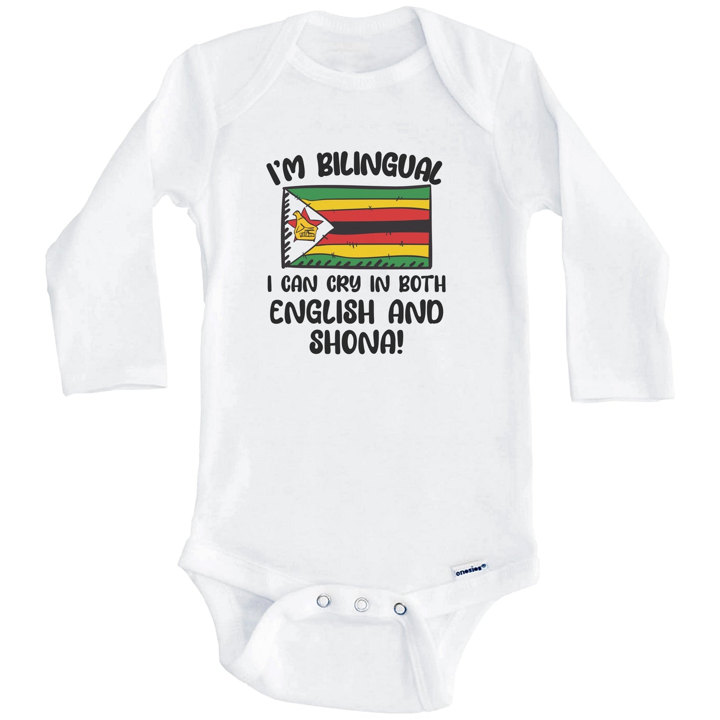 I'm Bilingual I Can Cry In Both English And Shona Funny Zimbabwean Flag Baby Bodysuit (Long Sleeves)