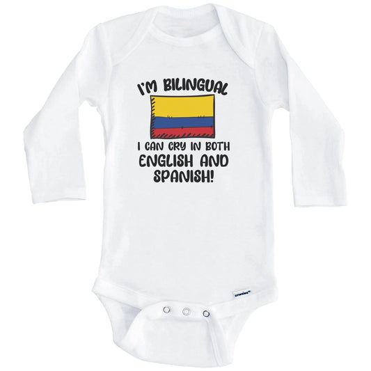 I'm Bilingual I Can Cry In Both English And Spanish Funny Colombian Flag Baby Bodysuit (Long Sleeves)