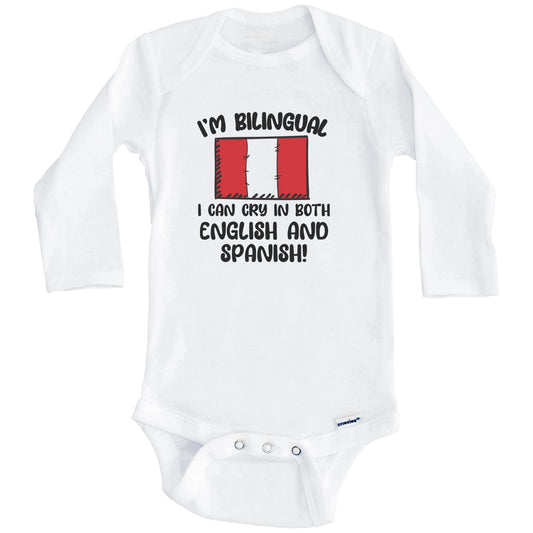 I'm Bilingual I Can Cry In Both English And Spanish Funny Peruvian Flag Baby Bodysuit (Long Sleeves)
