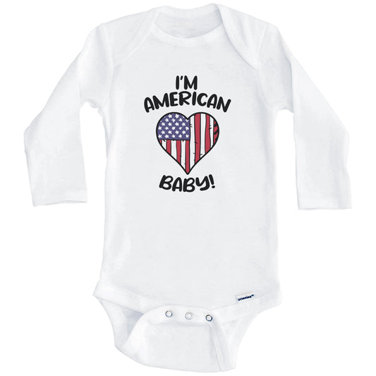 I'm American Baby Funny United States Flag Heart Baby Bodysuit (Long Sleeves)