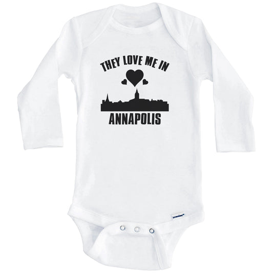 They Love Me In Annapolis Maryland Hearts Skyline One Piece Baby Bodysuit (Long Sleeves)