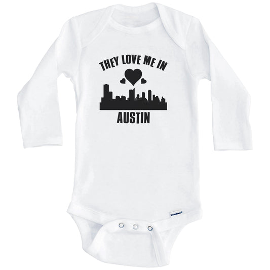 They Love Me In Austin Texas Hearts Skyline One Piece Baby Bodysuit (Long Sleeves)