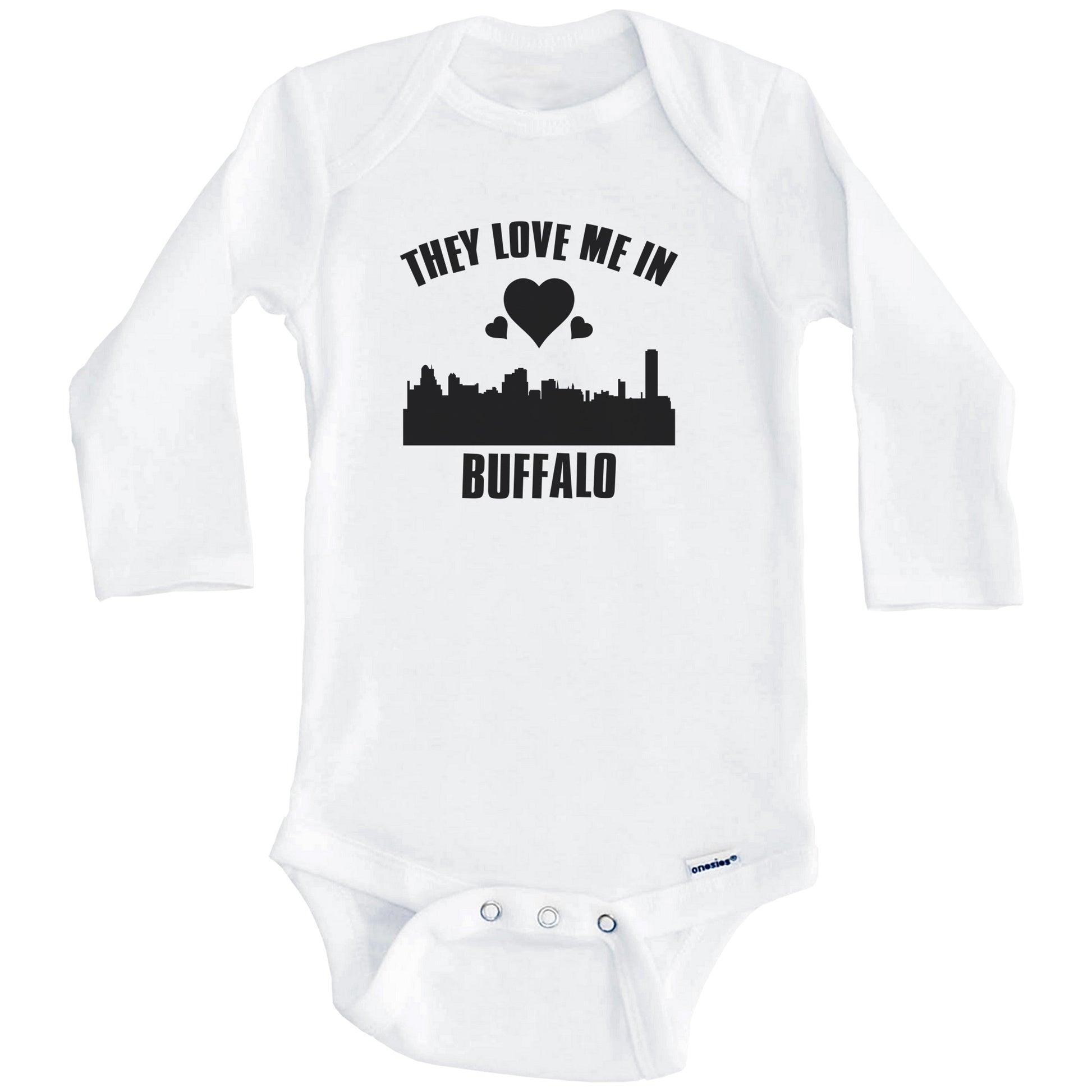 They Love Me In Buffalo New York Hearts Skyline One Piece Baby Bodysuit (Long Sleeves)