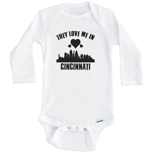 They Love Me In Cincinnati Ohio Hearts Skyline One Piece Baby Bodysuit (Long Sleeves)