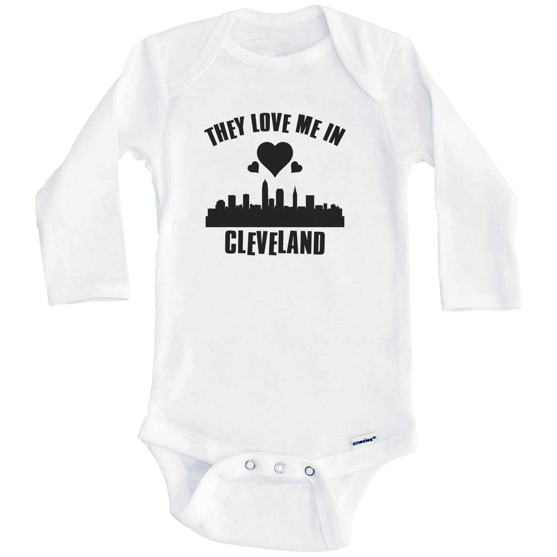 They Love Me In Cleveland Ohio Hearts Skyline One Piece Baby Bodysuit (Long Sleeves)