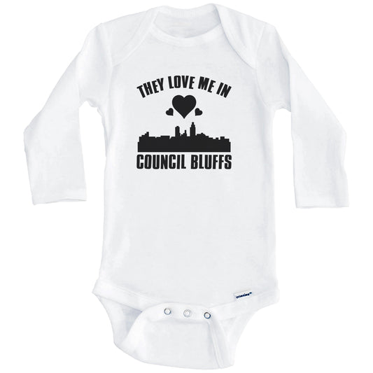 They Love Me In Council Bluffs Iowa Hearts Skyline One Piece Baby Bodysuit (Long Sleeves)
