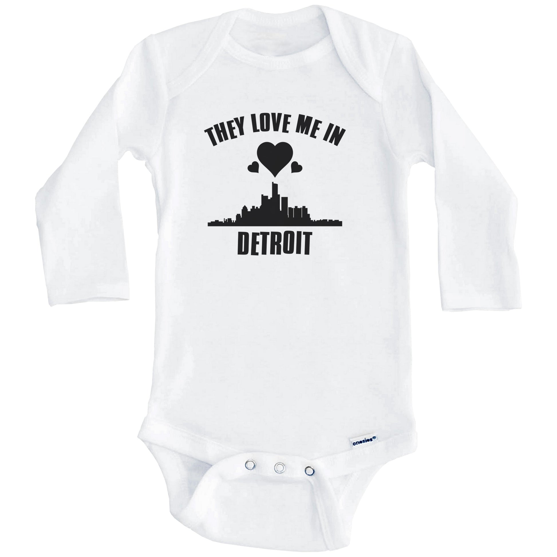 They Love Me In Detroit Michigan Hearts Skyline One Piece Baby Bodysuit (Long Sleeves)