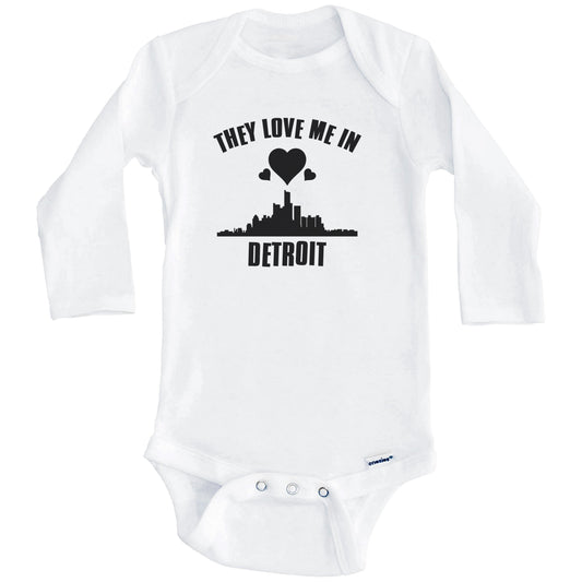 They Love Me In Detroit Michigan Hearts Skyline One Piece Baby Bodysuit (Long Sleeves)
