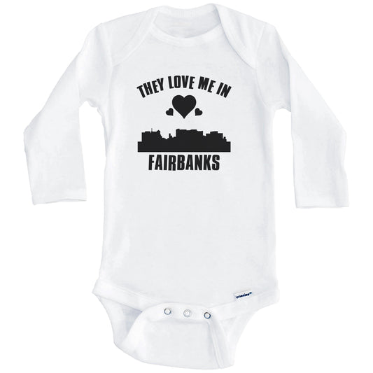 They Love Me In Fairbanks Alaska Hearts Skyline One Piece Baby Bodysuit (Long Sleeves)