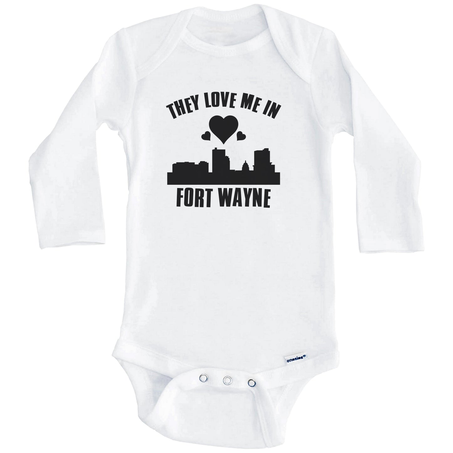 They Love Me In Fort Wayne Indiana Hearts Skyline One Piece Baby Bodysuit (Long Sleeves)