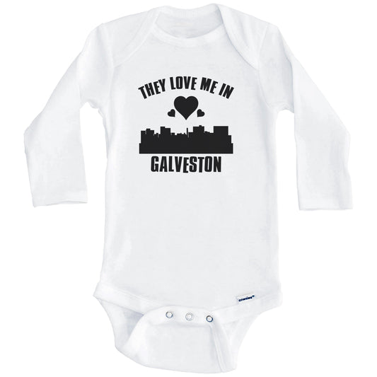 They Love Me In Galveston Texas Hearts Skyline One Piece Baby Bodysuit (Long Sleeves)