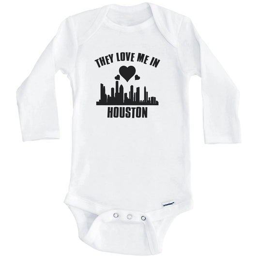 They Love Me In Houston Texas Hearts Skyline One Piece Baby Bodysuit (Long Sleeves)