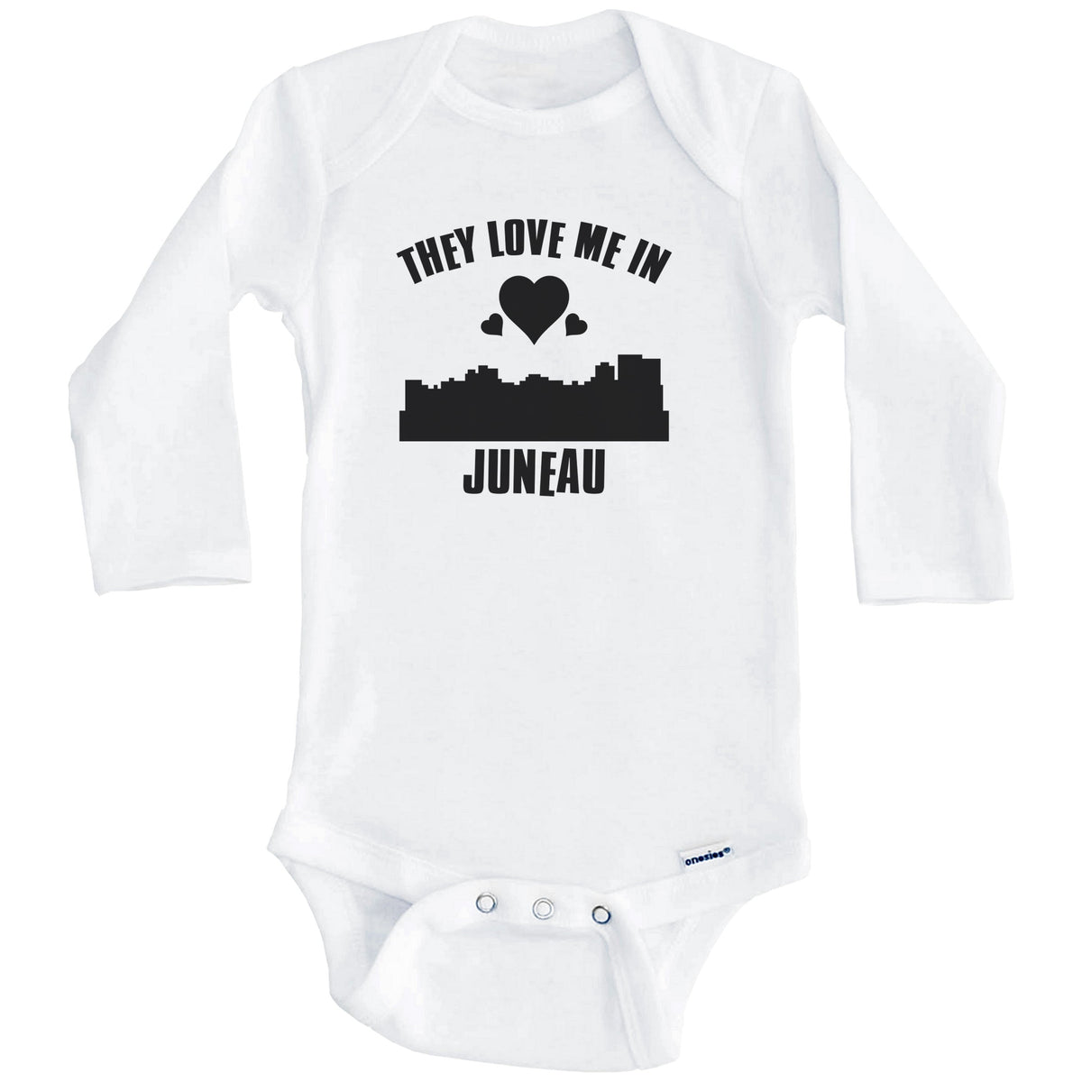 They Love Me In Juneau Alaska Hearts Skyline One Piece Baby Bodysuit (Long Sleeves)