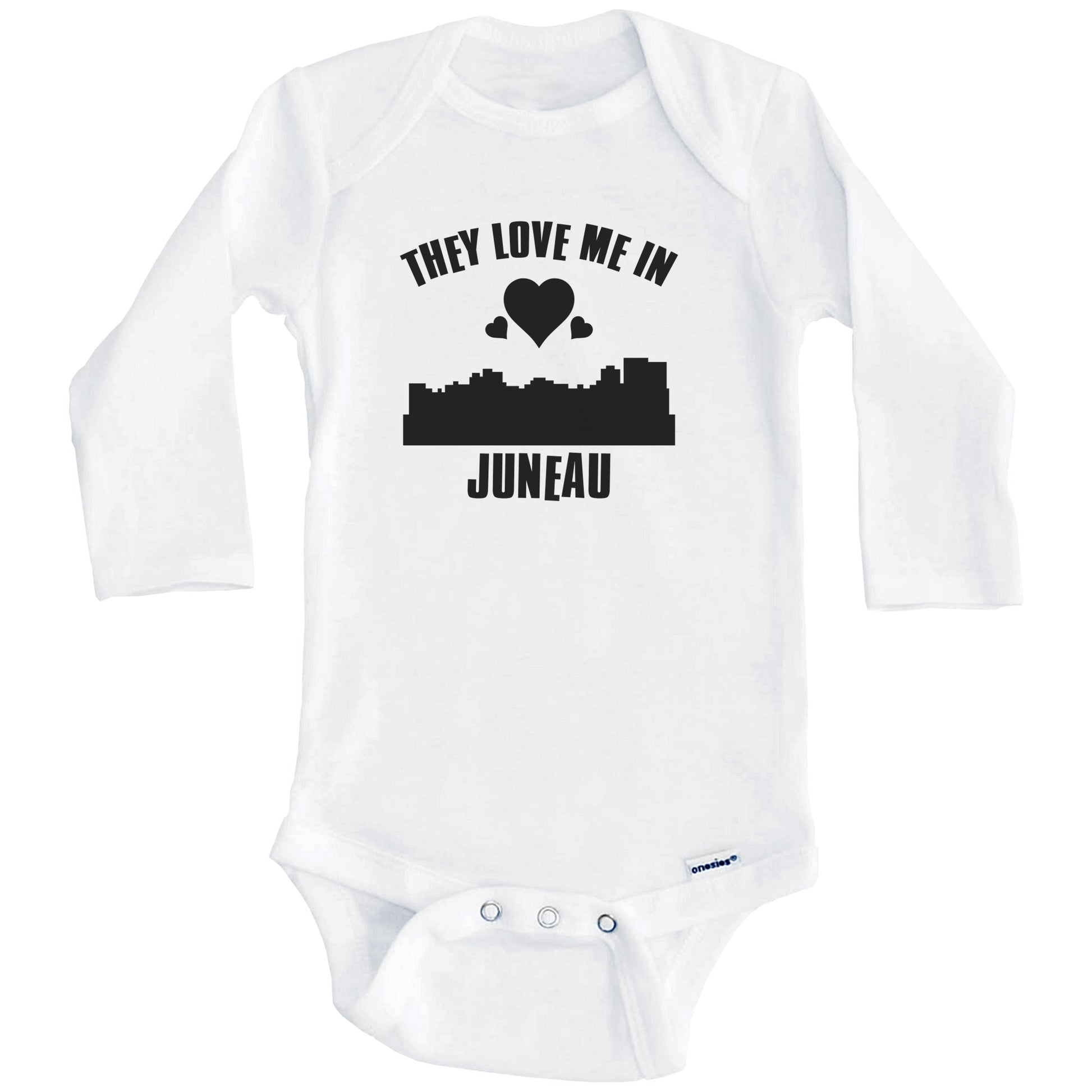 They Love Me In Juneau Alaska Hearts Skyline One Piece Baby Bodysuit (Long Sleeves)